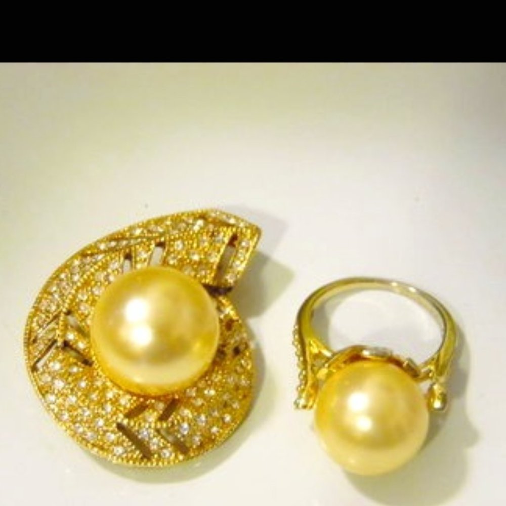 Pearlfection .925 Faux Golden South Sea Pearl Pin/ Ring Set